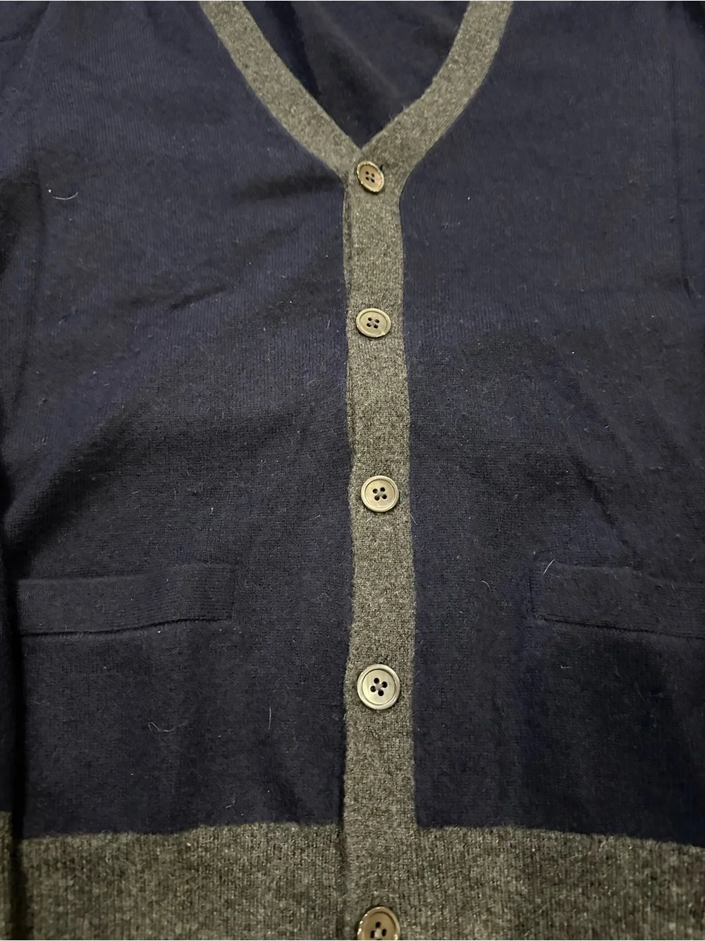 J. Crew 100% cashmere men’s Navy Cardigan with Gray Trim